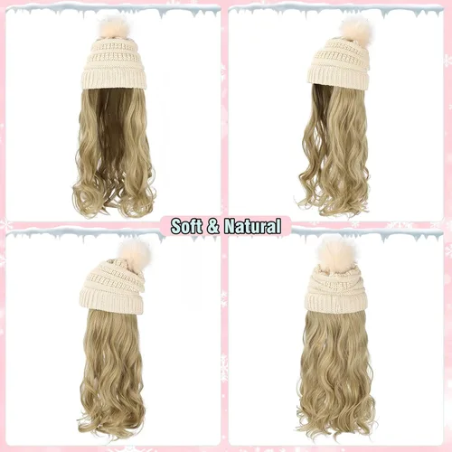 Miniatura 3 de Gorro Peluca Gorro de Lana con Cabello Extensiones Largas Onduladas Gorro de Punto con Pompón Adjunto de 20" Pieza de Cabello Sintética Removible