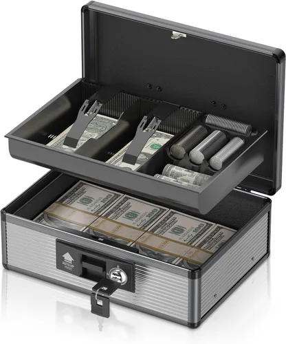 Miniatura 10 de Caja de Efectivo con Cerradura con Bandeja para Dinero y Llave, Caja Fuerte Segura para Efectivo, Caja de Dinero Portátil con Espacios