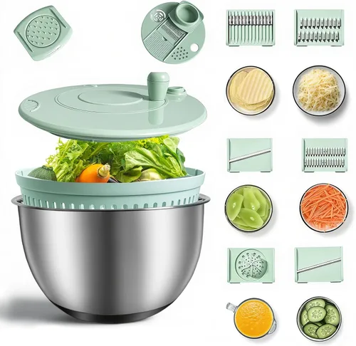 Ensaladera de acero inoxidable 3 en 1, base antideslizante y parada con un solo toque, secadora de verduras para cocinas, fiestas y personas