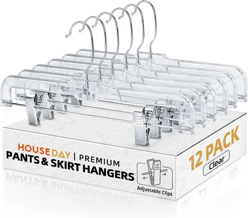 HOUSE DAY Paquete de 12 perchas de plástico transparente de 14 pulgadas para faldas con clips ajustables, ganchos giratorios de 360 grados, ganchos