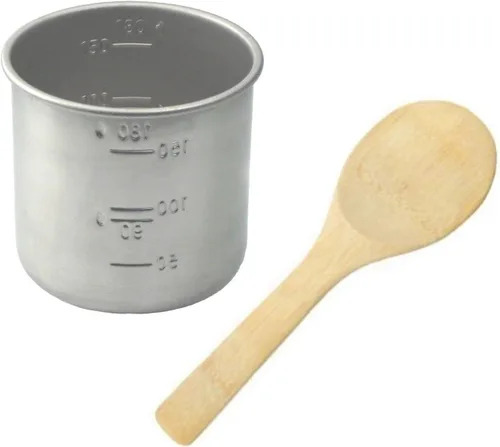 Taza medidora de arroz de acero inoxidable + espátula de pala de bambú, repuesto para olla arrocera eléctrica japonesa (1 taza + 1 pala)