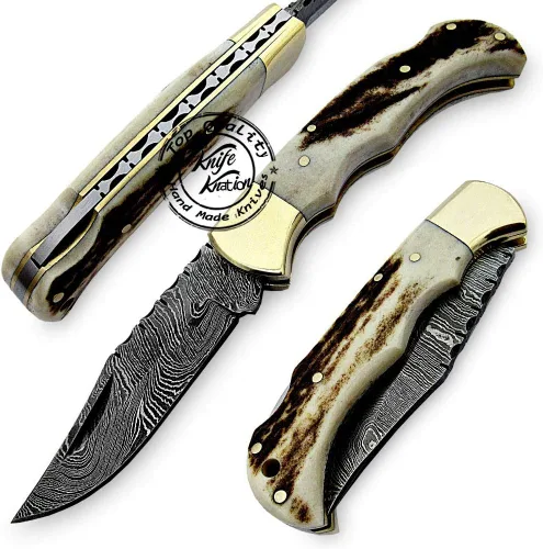 Cuchillo de bolsillo plegable hecho a mano de acero de Damasco de 6.5 pulgadas, cuchillo de caza, accesorios de caza de supervivencia al aire libre,