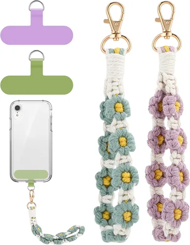Miniatura 9 de Jspupifip 2 piezas de correa de muñeca para teléfono estilo macramé boho, linda correa de teléfono celular con pestaña de sujeción, pulsera de Blanco