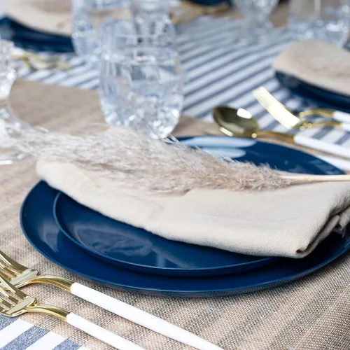Miniatura 3 de [30 unidades de 8.6 pulgadas] Platos de fiesta de plástico azul oscuro Colección Edge Collection Premium pesado elegante vajilla desechable