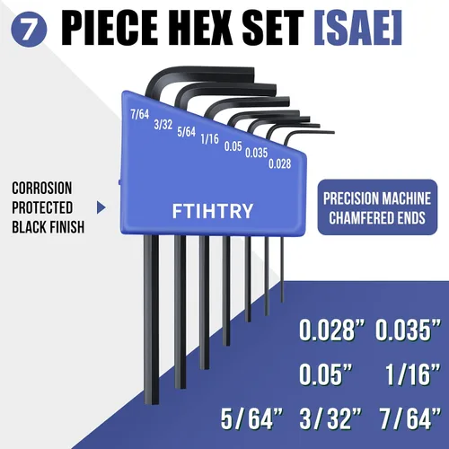 Miniatura 2 de FTIHTRY 7 piezas SAE Mini Hex-L Clave Allen, llave Allen pequeña 0.028, 0.035, 0.05, 1/16", 5/64", 3/32", 7/64", Acero Cr-V