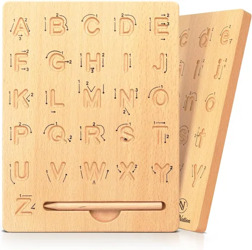 Tabla de trazado del alfabeto de madera de doble cara, madera natural de primera calidad, letras mayúsculas y minúsculas (6.3 x 7.9 x 0.5 in