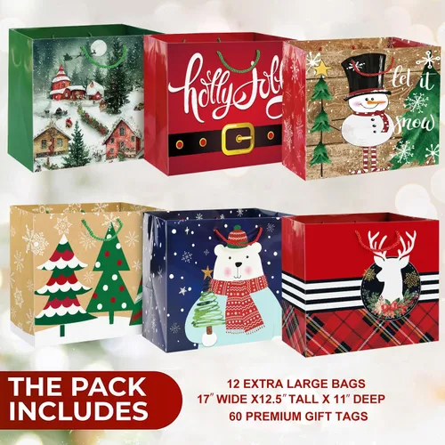 Miniatura 5 de Party Funny 12 bolsas de papel de regalo de Navidad extra grandes a granel con asas y 60 etiquetas de regalo de Navidad - 6 diseños, juego de sacos