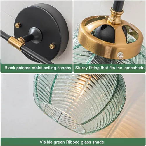 Miniatura 3 de Lámpara de tocador de baño de 3 luces, luz negra de montaje en pared con pantalla de vidrio verde, aplique de pared de mediados de siglo, lámpara