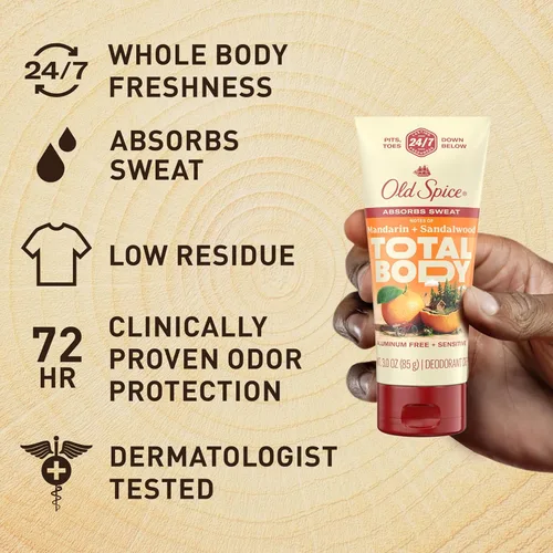 Miniatura 3 de Old Spice Crema desodorante para todo el cuerpo para hombres, sin aluminio, aroma a mandarina + sándalo, protección contra olores 24/7, frescura