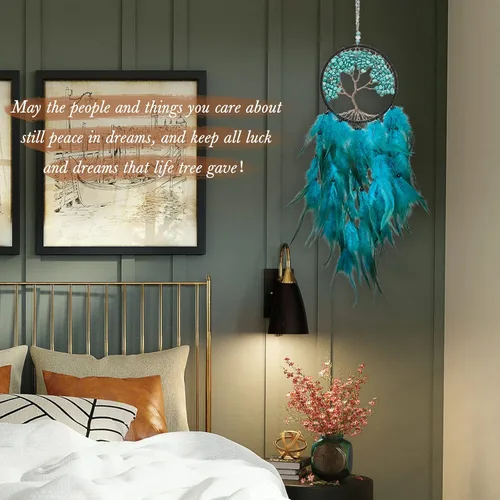 Miniatura 5 de Pretty Jolly Atrapasueños de árbol de la vida azul aguamarina, decoración de pared con piedra de cristal curativo, hecha a mano, plumas azules