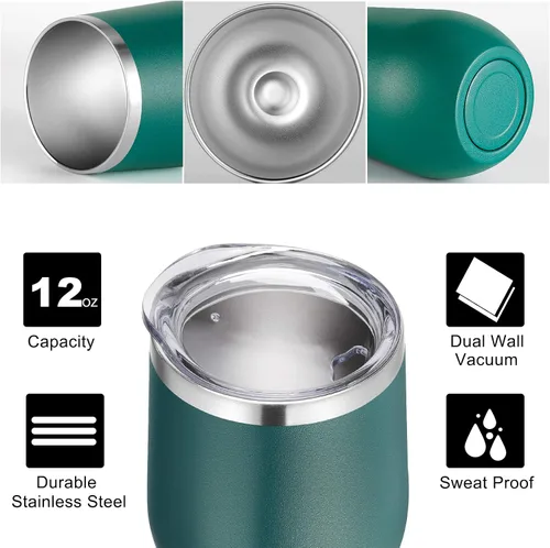 Miniatura 2 de Vaso de vino VEGOND de 12 oz hecho de acero inoxidable, térmico con tapa y pajita, vaso de vino con aislamiento al vacío y doble pared, sin tallo