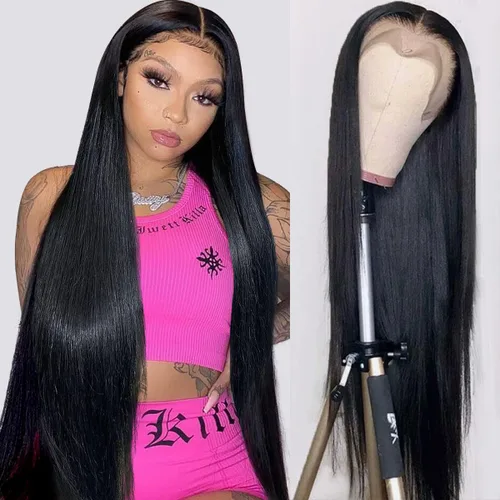 Miniatura 13 de mengkai Pelucas de cabello humano de 32 pulgadas con encaje frontal de 13x6, cabello humano predesplumado liso, peluca frontal de encaje HD