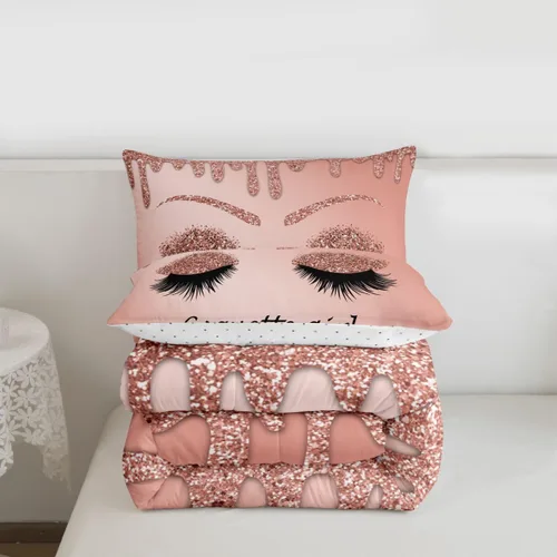 Miniatura 7 de Erosebridal Juego de edredón de pestañas, juego de ropa de cama de maquillaje femenino para niñas y mujeres, decoración de dormitorio de oro rosa