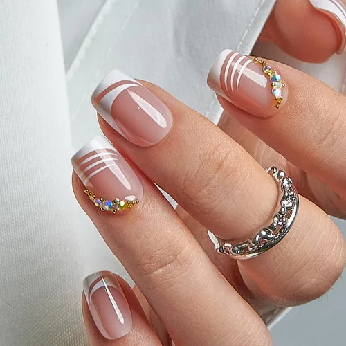 Miniatura 27 de Uñas a presión CurvLife cortas cuadradas Beige, Blancas, Rosas, Uñas postizas falsas acrílicas con diseño de albaricoque, uñas de cobertura completa