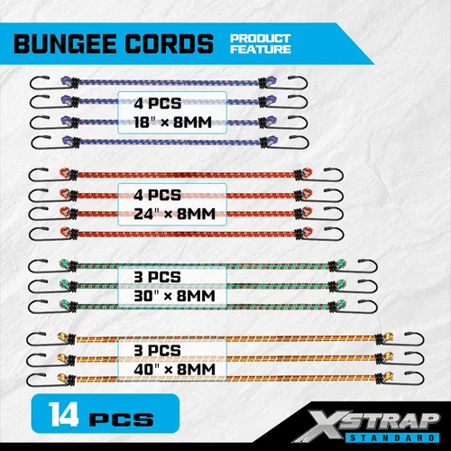 Miniatura 3 de XSTRAP STANDARD Kit de 14 piezas de cuerda elástica estándar – Incluye cuerdas elásticas de 18, 24, 30 y 40 pulgadas con ganchos