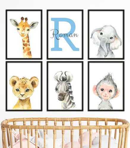 Miniatura 14 de Animales de safari personalizados para habitación de bebé, niño, niña, cuarto de bebé, juego de 3 impresiones sin marco, nombre personalizado, gris