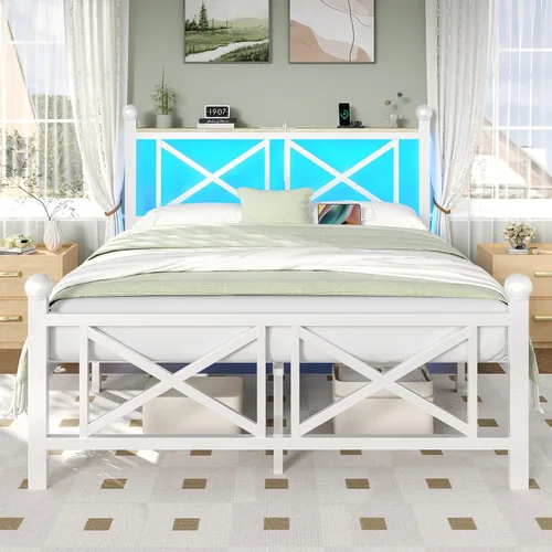 DynJest - Base de cama tamaño queen, color blanco, con cabecero y estribo, estante de almacenamiento con luces LED y estación de carga tipo C,
