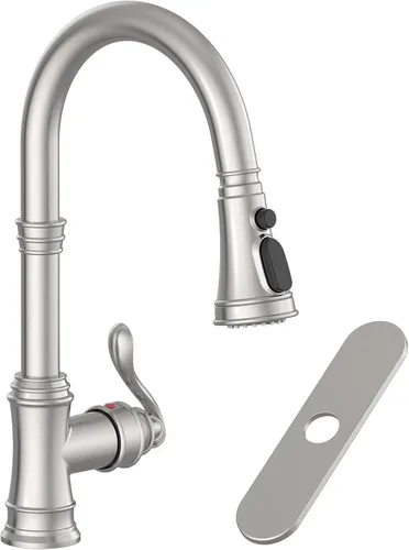 Grifo de cocina con rociador desplegable níquel cepillado, 3 modos de pulverización, grifo vintage de latón antiguo de una sola manija, 1 o 3