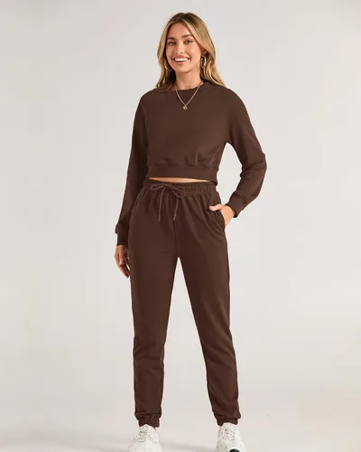 Miniatura 80 de BTFBM Conjunto deportivo de 2 piezas para mujer, camiseta corta de manga larga, sin botones, pantalón con cordón ajustable, pantalones deportivos