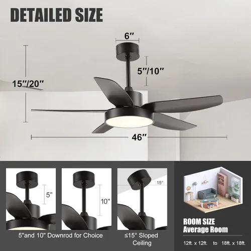 Miniatura 6 de Ventilador de techo moderno con luz y control remoto, ventilador de techo de 46 pulgadas con 3 luces de color, función de memoria, 5 cuchillas, 6
