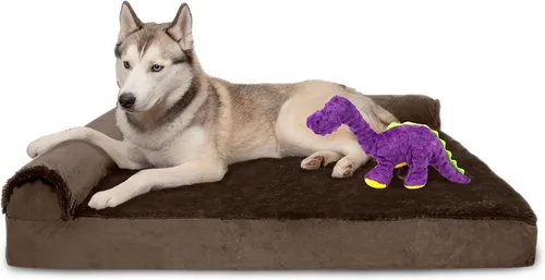 Miniatura 31 de Furhaven - Cama ortopédica de espuma para perros, de piel sintética y gamuza, en forma de L, en dos tonos estilo caja de huevos, color gris piedra
