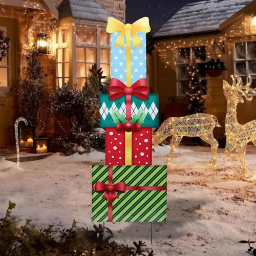 Miniatura 10 de Afirst Estacas de metal para patio de Navidad, decoración de patio al aire libre, gnomos que sostienen alegría, estacas de metal iluminadas, estaca
