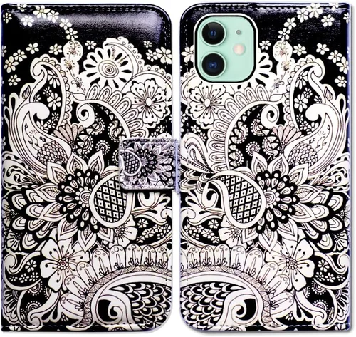 Miniatura 16 de Bcov Funda para iPhone 11, funda de piel con tapa y función atril para iPhone 11, diseño de flores y mariposas azules
