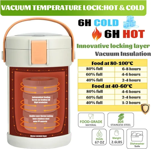 Miniatura 4 de Audult - Contenedor térmico de alimentos calientes de 67 onzas, contenedor de alimentos aislado de acero inoxidable de 2 litros de 3 capas, termo