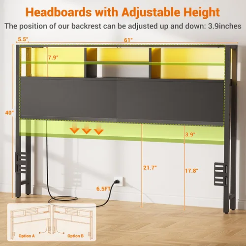 Miniatura 2 de Cabecero Aheaplus para Cama Individual con Almacenamiento, Cabeceros con Enchufes, Puertos USB y Luz LED, Cabecero Individual Solo, Altura