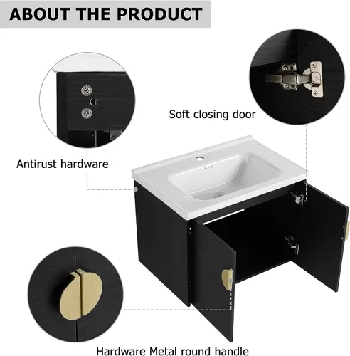 Miniatura 7 de Juego de tocador de baño de 28 pulgadas con lavabo montado en la pared, moderno juego de tocador de baño con lavabo de cerámica blanca y mango