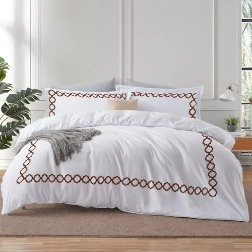 Miniatura 13 de BedDecor: Enchanted Oasis - Juego de funda de edredón de 3 piezas de 600 hilos de algodón egipcio con bordado de cuadrifolio, ultra suave