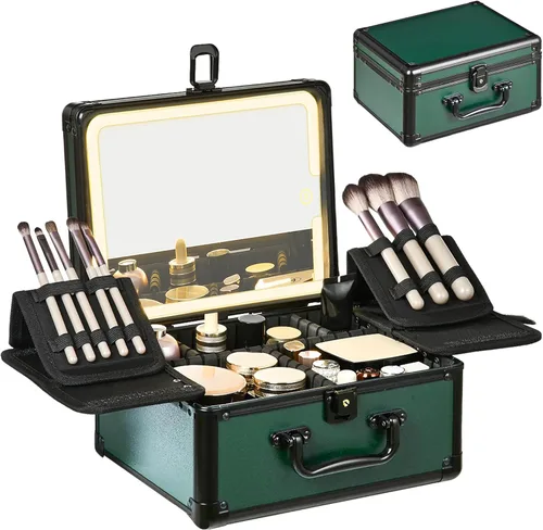 Estuche de Maquillaje con Espejo Iluminado, Organizador de Caja de Maquillaje con Espejo LED Desmontable, Estuche de Maquillaje de Viaje, Verde negro