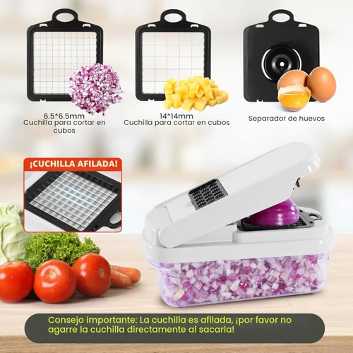 Miniatura 4 de Picador de verduras, picador de alimentos multifuncional 12 en 1, picador profesional de cebolla con 7 cuchillas, cortador de verduras con Blanco