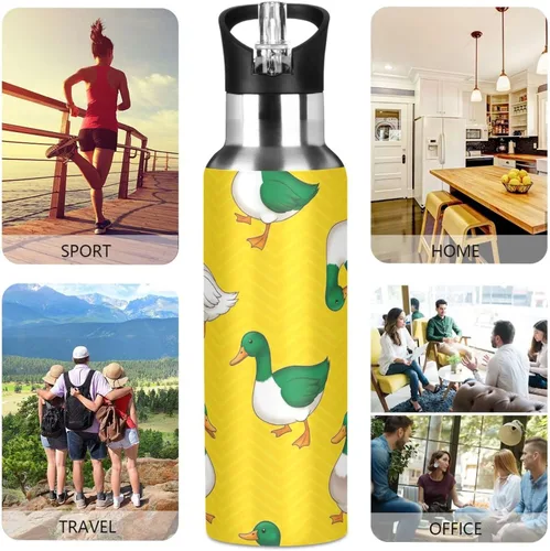 Miniatura 5 de BPA-Free Sport Water Bottle Insulated 32 Oz, Insulated Stainless Steel Water Bottle with Straw for Gym Outdoor Travel School, Green White Ducks