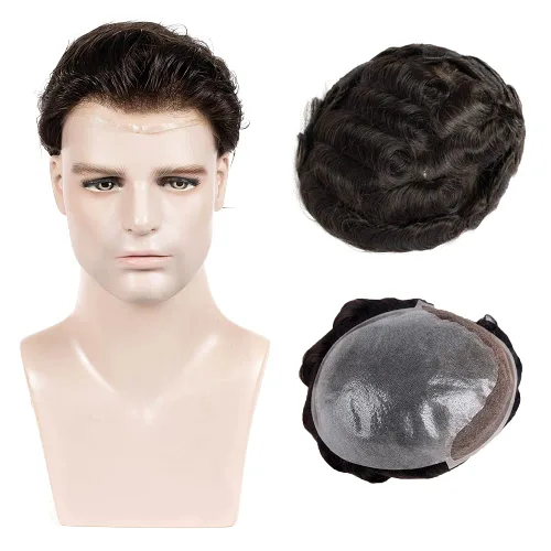 Miniatura 2 de Amiable Pieza de pelo para hombres, piel suave y fina, PU anudada con encaje frontal de 1.5 pulgadas para hombres, sistema de cabello de repuesto #1B