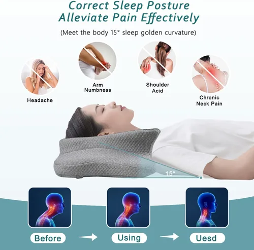 Miniatura 2 de CHxxy Almohada cervical para el cuello para aliviar el dolor de dormir, almohadas de espuma viscoelástica, almohadas ergonómicas para dormir de Gris