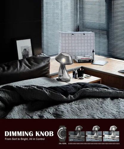 Miniatura 2 de V06 - Lámpara de mesa vintage con forma de hongo, lámparas de mesita de noche regulables con vidrio transparente, lámpara de noche negra retro