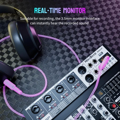 Miniatura 5 de Mezclador de Audio Profesional, Interfaz de Audio de 4 Canales Mesa de Sonido Sistema Monitor de Consola de Mezcla, NEW BAXS Mezclador DJ Bluetooth