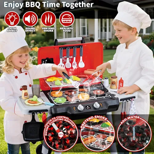 Miniatura 2 de Juguetes de cocina para niños, juego de parrilla de barbacoa para niños con humo, sonido y luz, juguete de barbacoa de 2 niveles con rueda, juguetes