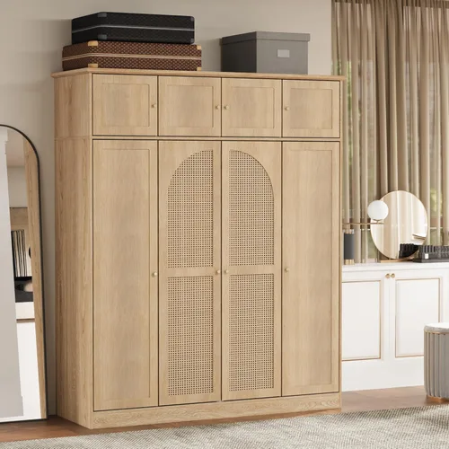 Armario grande de 4 puertas con puertas de ratán, armario de madera independiente de 70.87 pulgadas de alto con barra para colgar y estantes