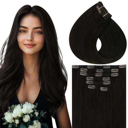 Miniatura 29 de Vivien Extensiones de cabello humano con clip, color negro azabache, extensiones de cabello humano real con pinzas invisibles, doble trama, 14
