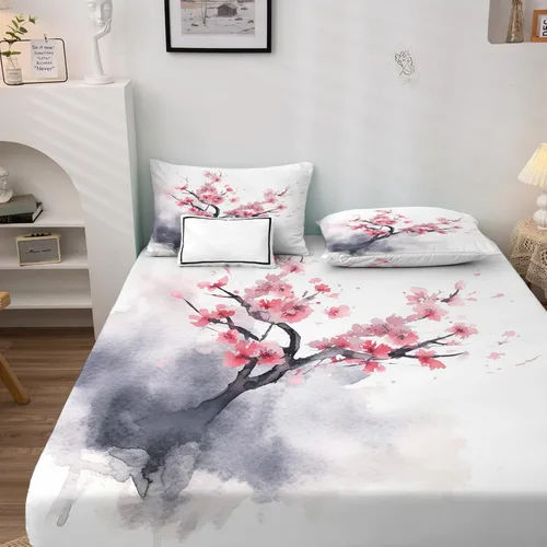Miniatura 2 de Juego de sábanas de 3 piezas con estampado de flor de cerezo de tamaño individual, sábanas y fundas de almohada de estilo japonés Sakura, sábana