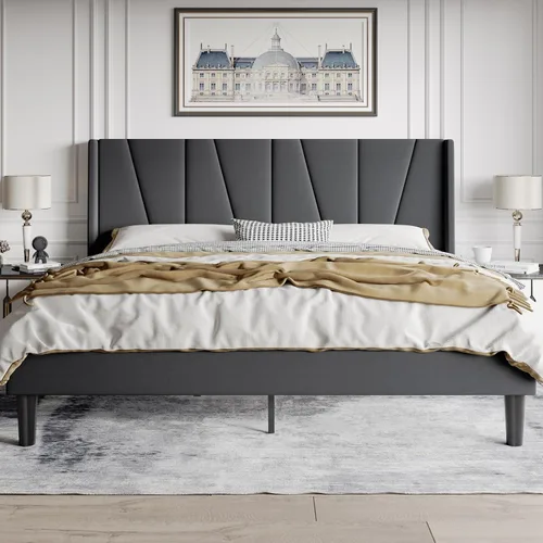 Miniatura 9 de HOOMIC Base de cama tapizada de tamaño matrimonial con cabecera geométrica moderna con respaldo de ala, listones de madera, no necesita somier, base