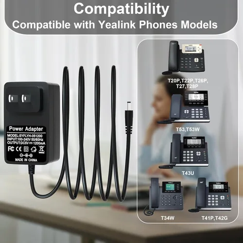 Miniatura 2 de Adaptador de corriente de 5V 1.2A para teléfonos Yealink compatible con T53, T53W, T26P, T27, T28P, T34W, T41P, T42G, T43U, T20P, T22P, MP50