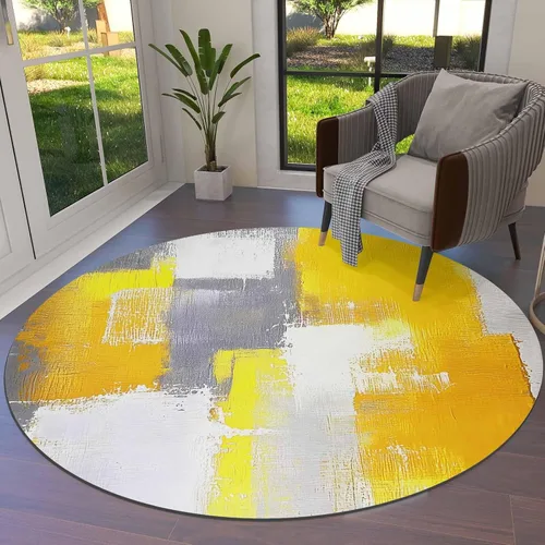 Miniatura 2 de Libaoge Alfombra redonda amarilla de 3 pies para cuarto de bebé, alfombra abstracta moderna y contemporánea, alfombra de yoga para niños y niñas