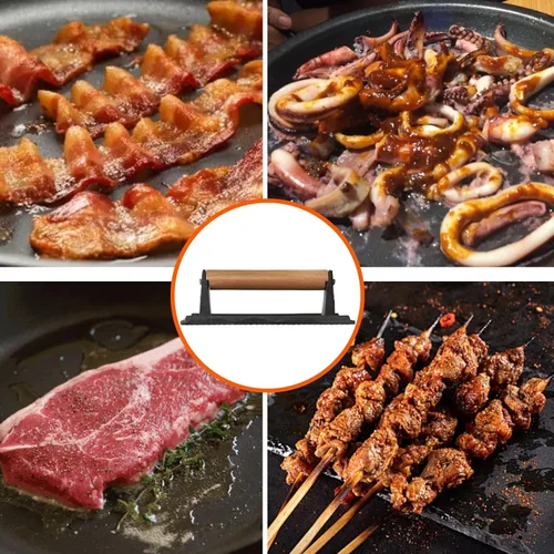 Miniatura 7 de onlyfire Prensa para carne de hierro fundido con mango de madera, ideal para exprimir la grasa de carnes, aplanar tocino, paninis y hamburguesas