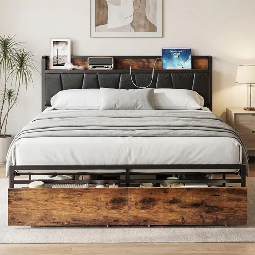 Miniatura 21 de LIKIMIO Base de cama tamaño King, cabecera de almacenamiento con estación de carga, cama de plataforma con cajones, no necesita somier, fácil Marrón