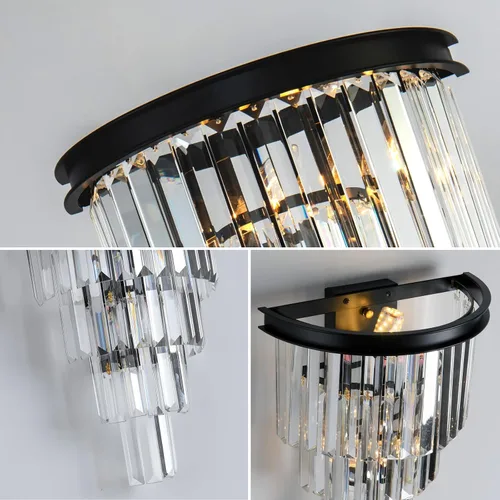Miniatura 5 de Aplique de pared de cristal negro, moderno K9 de 4 niveles, lámpara de pared de cristal transparente para sala de estar, dormitorio, espejo