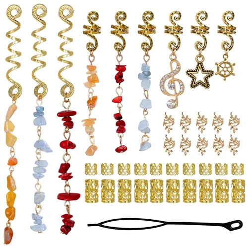 Miniatura 7 de hoyuwak - 40 accesorios para el cabello con piedra de cristal de color natural, dijes metálicos para el cabello, espirales de rastas plateadas