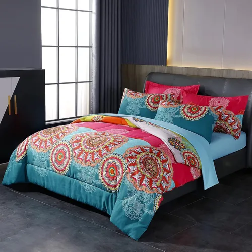 LweiPsqLin - Juego de cama en una bolsa de 7 piezas tamaño full, estilo bohemio colorido con estampado rojo y azul, juego de edredón reversible (1